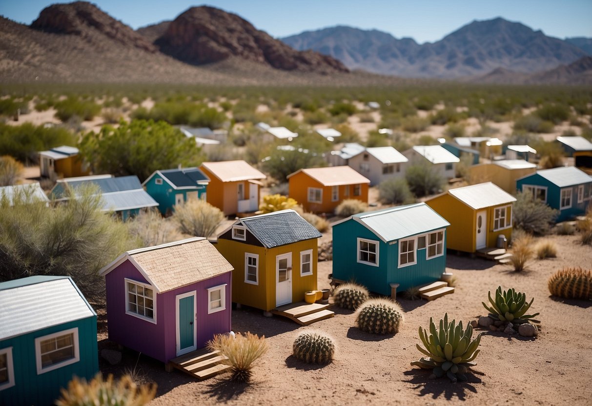 A cluster of colorful tiny homes nestled in the Arizona desert, surrounded by cacti and mountains, with a clear blue sky overhead