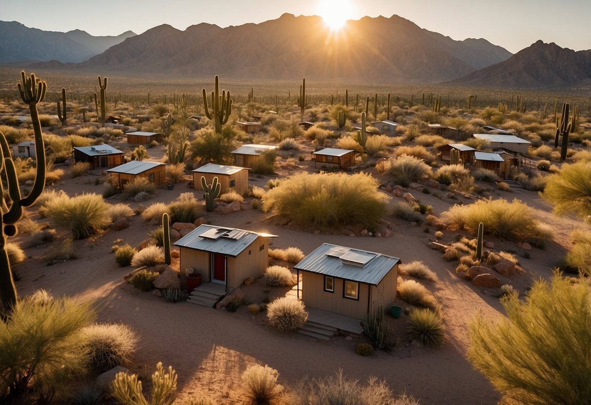 A desert landscape with tiny homes nestled among cacti and mesquite trees. The sun sets behind the mountains, casting a warm glow over the community