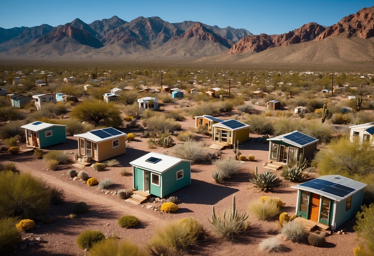 A cluster of colorful tiny homes nestled in the Arizona desert, surrounded by cacti and mountains, with communal gathering areas and solar panels