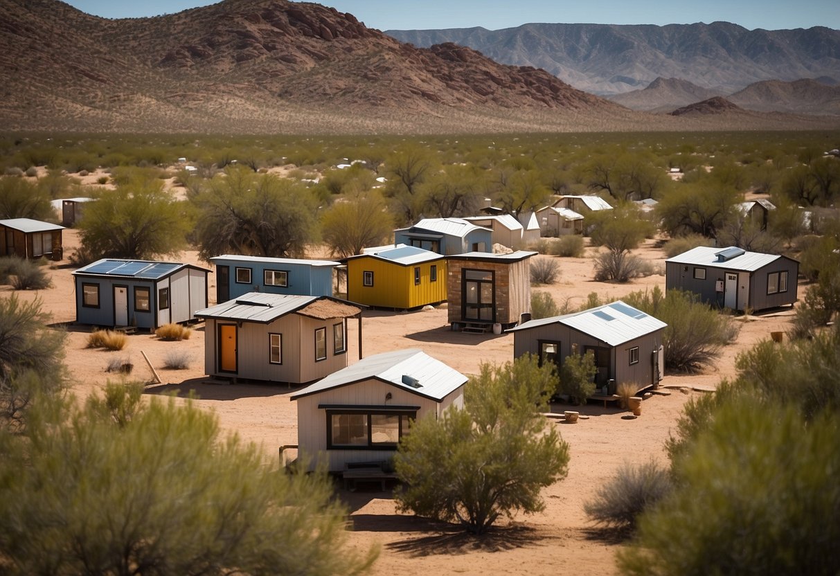 A variety of tiny homes are nestled within a desert landscape in Arizona, available for sale in a community setting