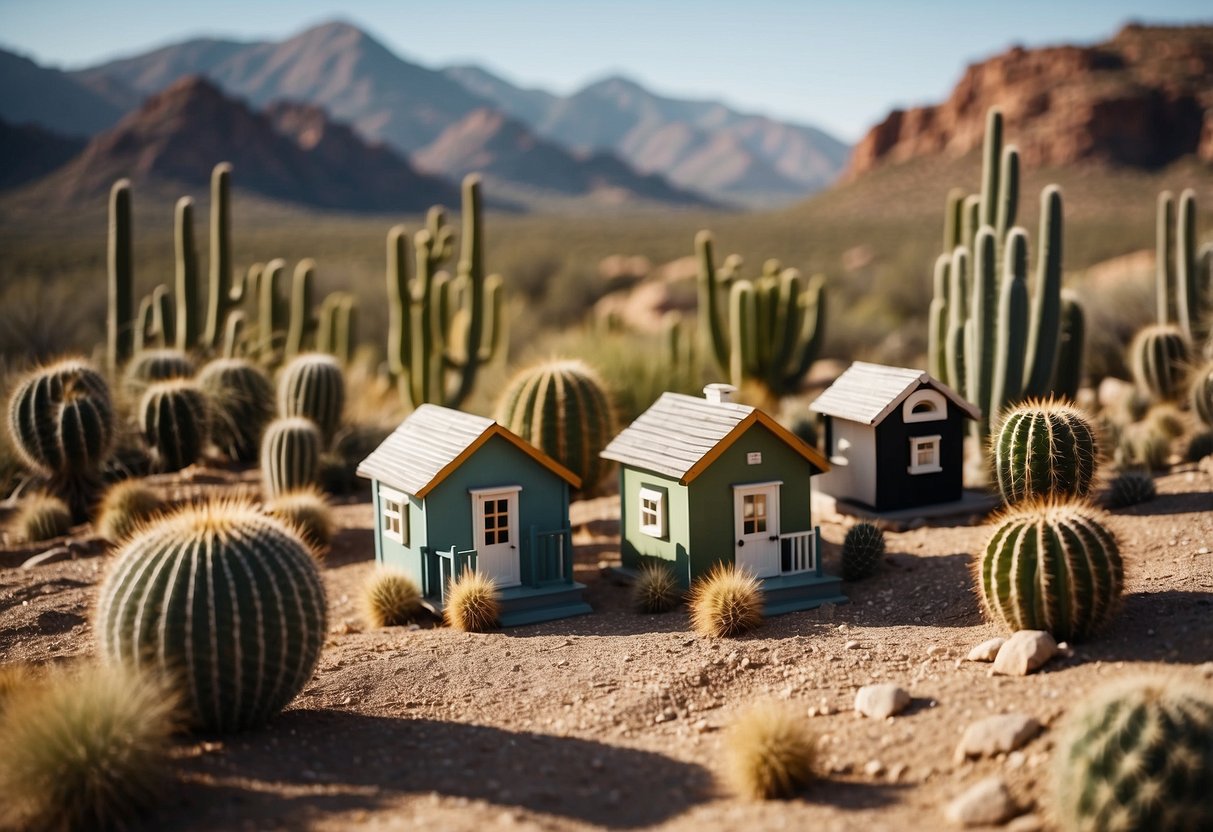 A cluster of tiny homes nestled among the desert landscape of Arizona, with cacti and mountains in the background