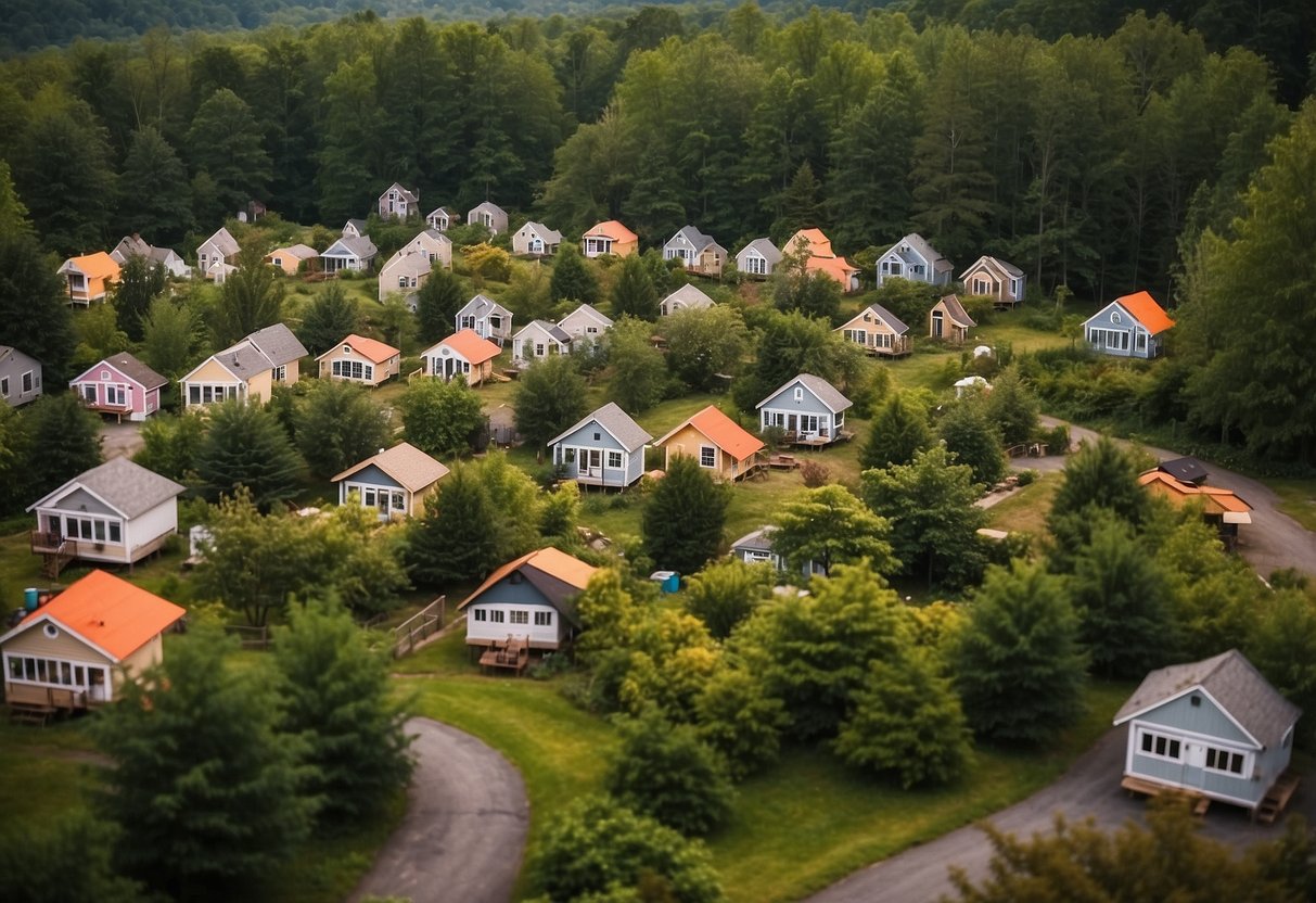 A cluster of colorful tiny homes nestled among lush trees in a Pennsylvania community for sale