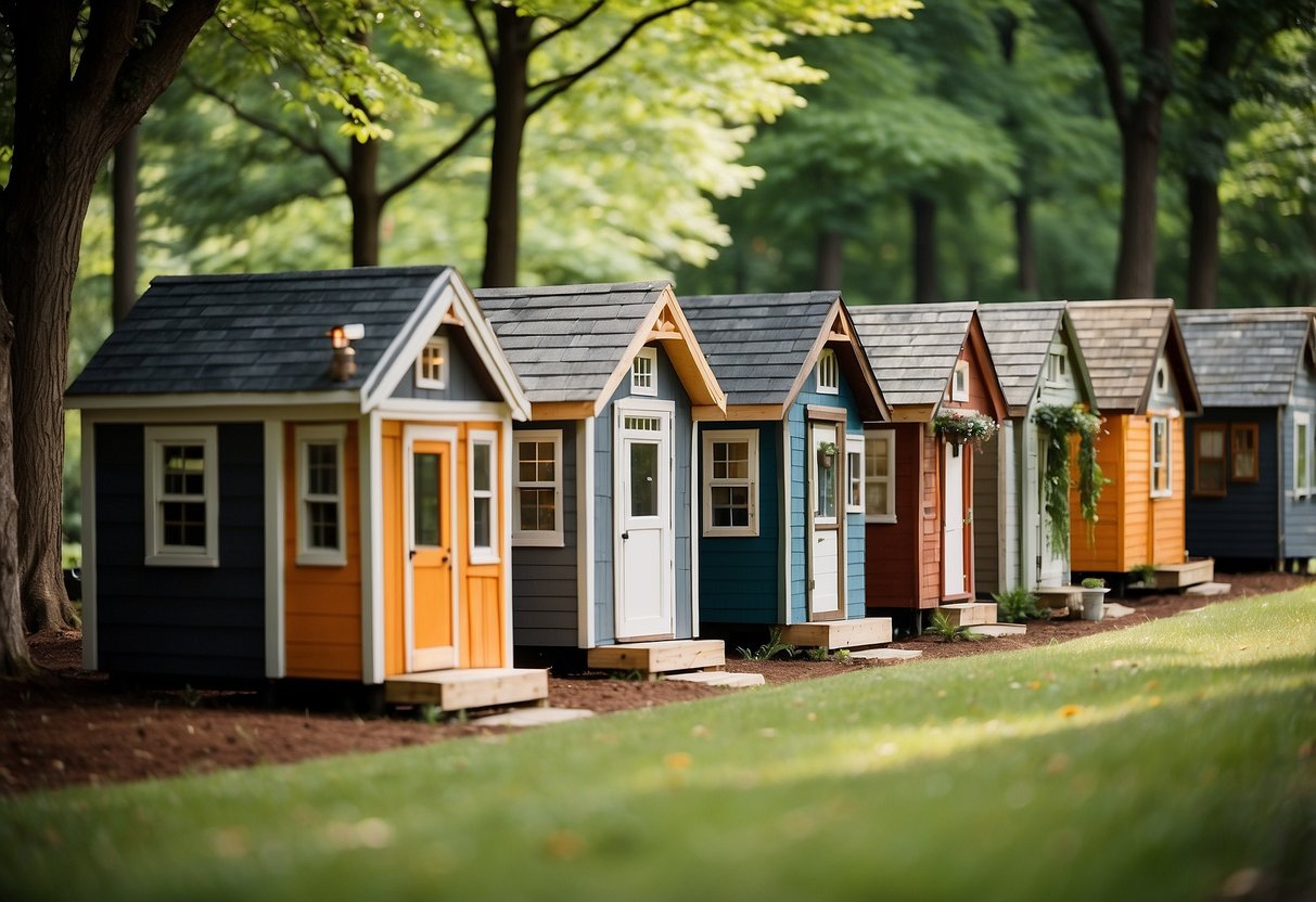 A row of colorful tiny homes nestled among trees, with communal gardens and a central gathering area, all for sale in a peaceful Pennsylvania community