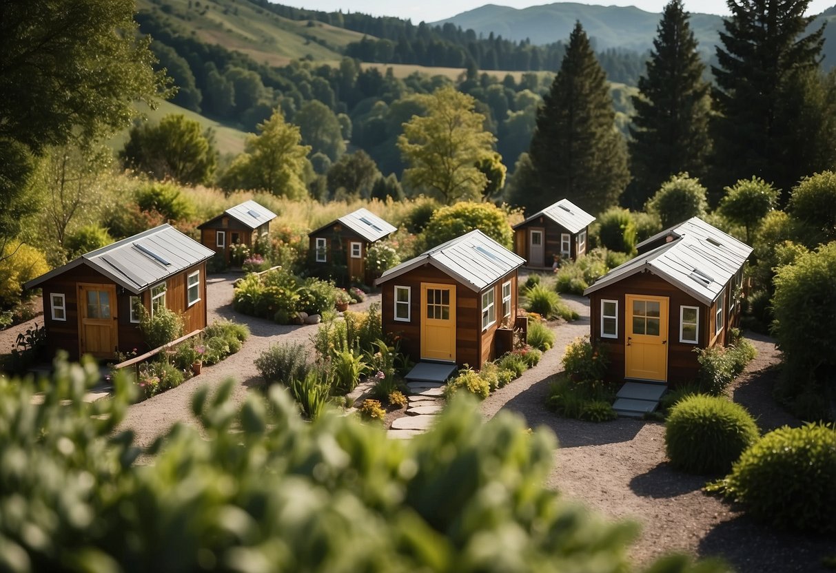 A cluster of tiny homes nestled among lush greenery, with communal spaces and walking paths, surrounded by rolling hills and serene nature