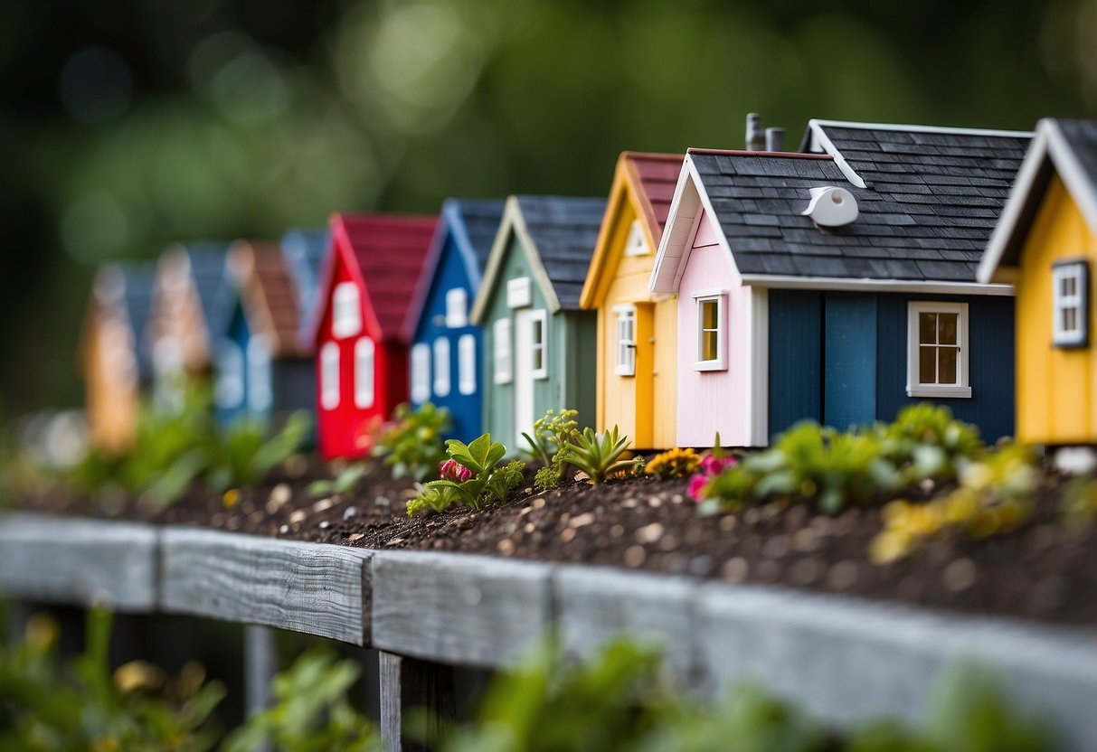 A row of colorful tiny homes nestled among lush greenery, with clear signage displaying "Tiny Home Community for Sale" and "Adheres to PA Building Codes and Regulations."