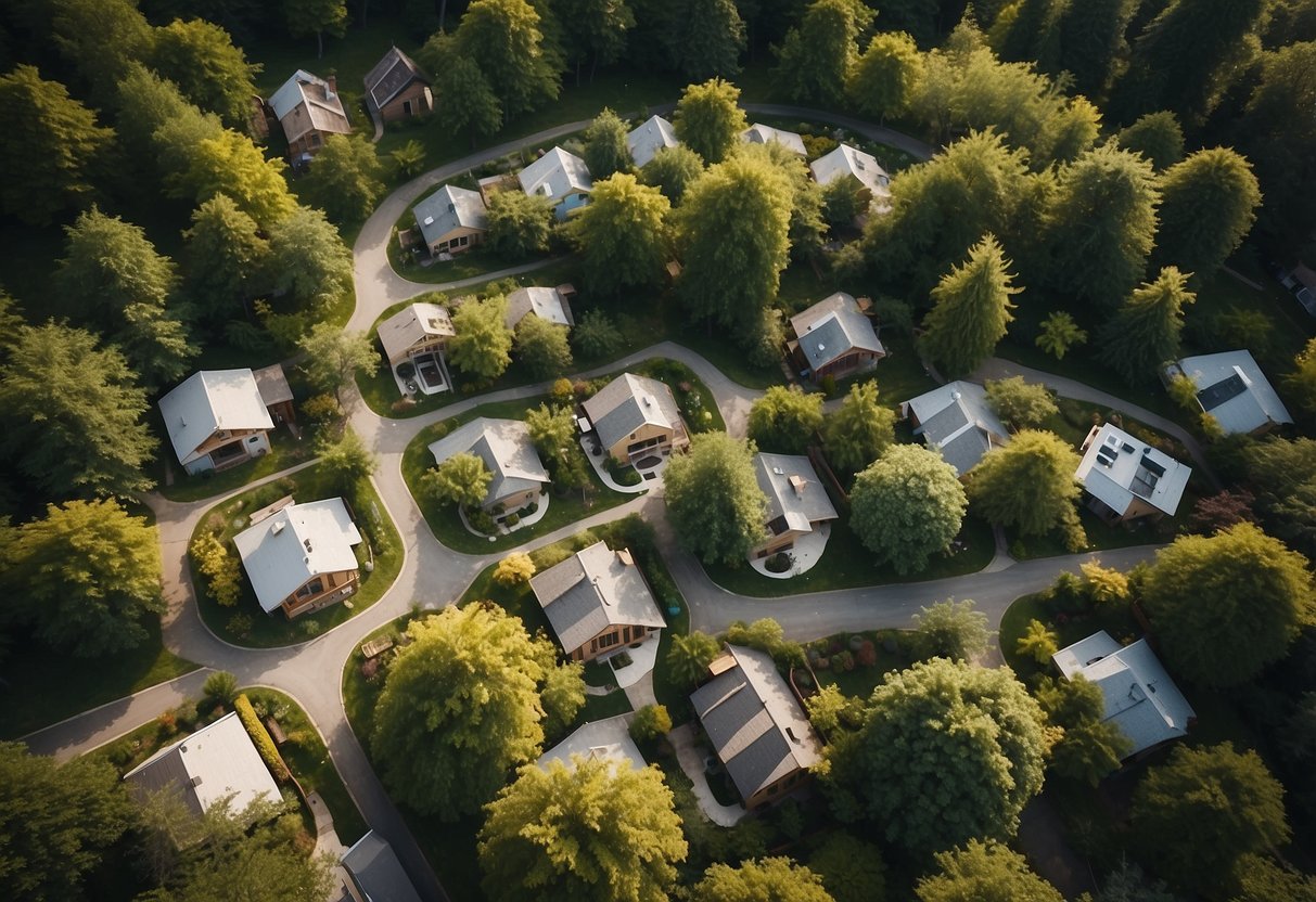 Aerial view of a cluster of tiny homes nestled among lush green trees, with a central communal area and winding pathways in a serene Pennsylvania setting