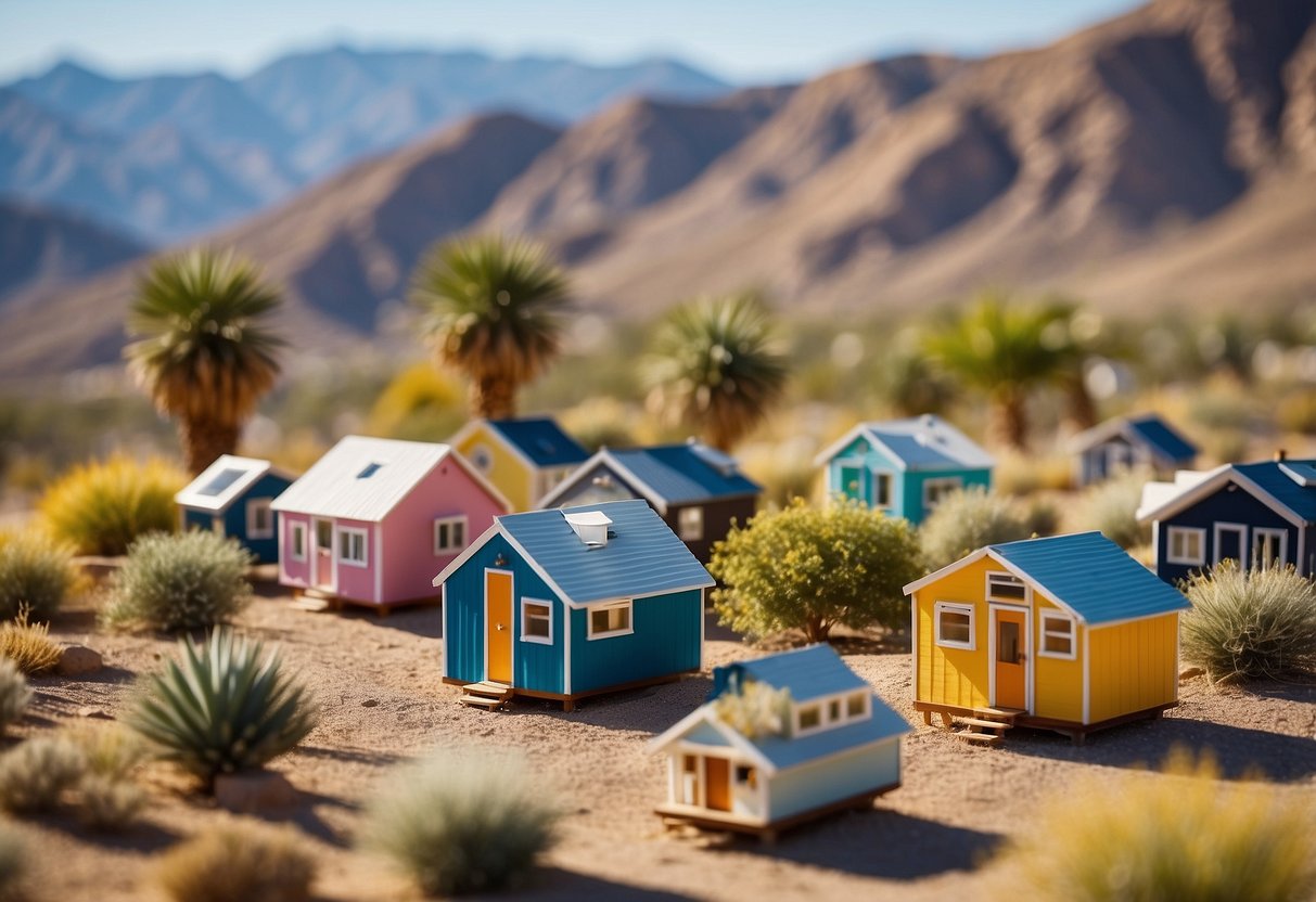 A cluster of colorful tiny homes nestled in a desert landscape, with palm trees and mountains in the background