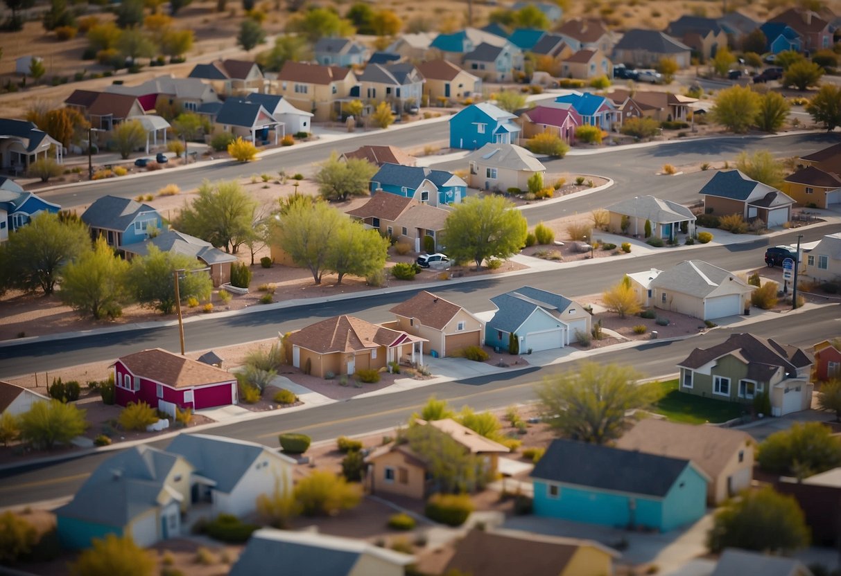 Aerial view of tiny home communities in Las Vegas, with colorful houses clustered together for sale