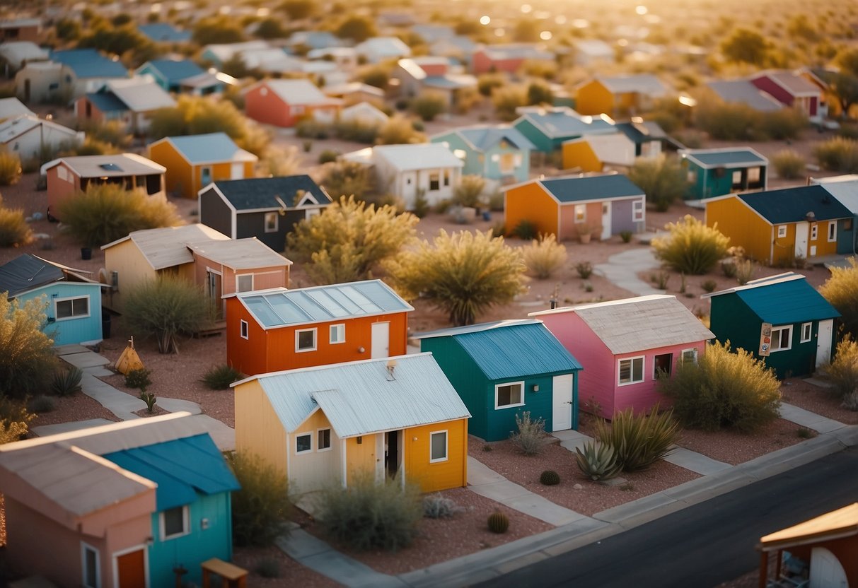 Aerial view of colorful tiny homes clustered in a desert landscape with palm trees and a central community area in Las Vegas