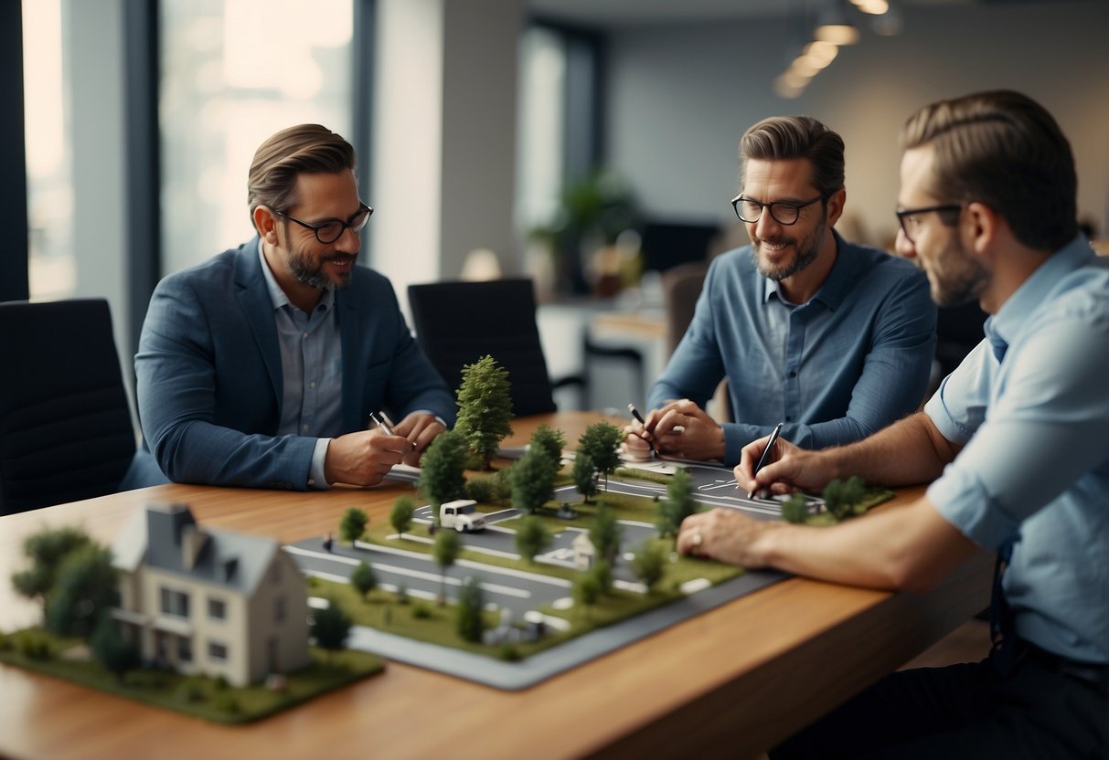 People discussing and signing paperwork at a desk in a modern office. A model of a tiny home community in Las Vegas is displayed on a large screen