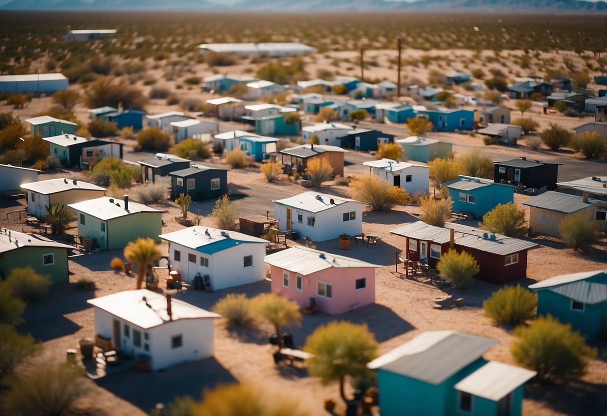 Aerial view of colorful tiny homes in a desert landscape with community amenities and signage for "Frequently Asked Questions tiny home communities in Las Vegas for sale."