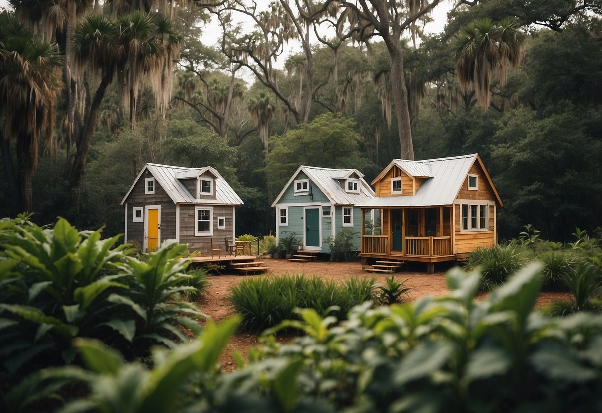 A cluster of tiny homes nestled among lush greenery in a Savannah, GA community