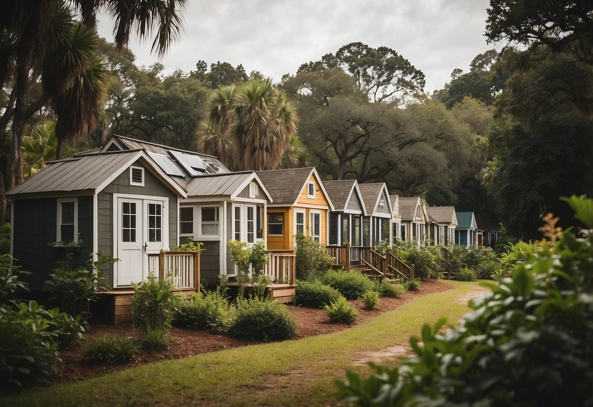 A cluster of tiny homes nestled among lush greenery in Savannah, GA. Community garden, shared outdoor spaces, and cozy dwellings