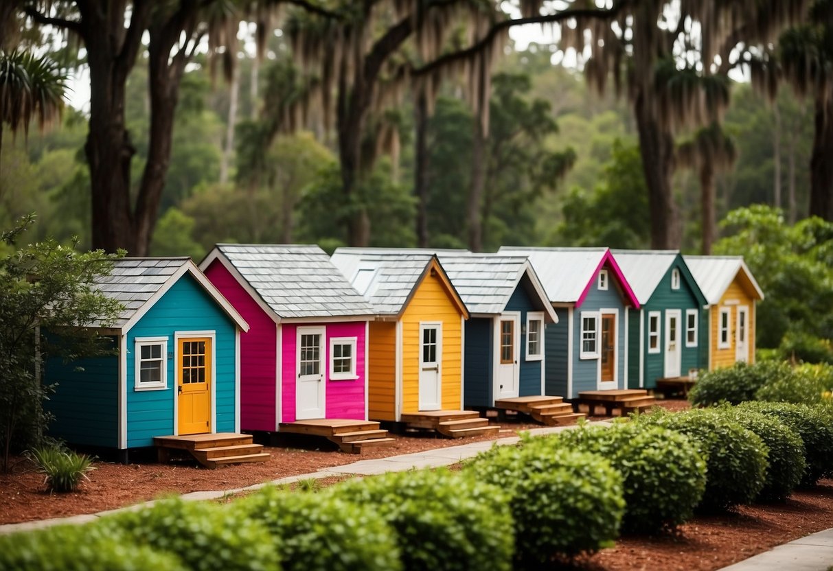 A cluster of colorful tiny homes nestled among lush greenery near Savannah, GA. A community center and communal gardens provide a sense of togetherness