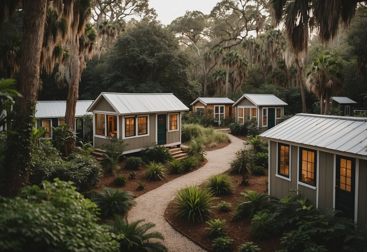 Tiny homes nestled among lush greenery, winding pathways, and communal gathering spaces in Savannah, GA's logistics community