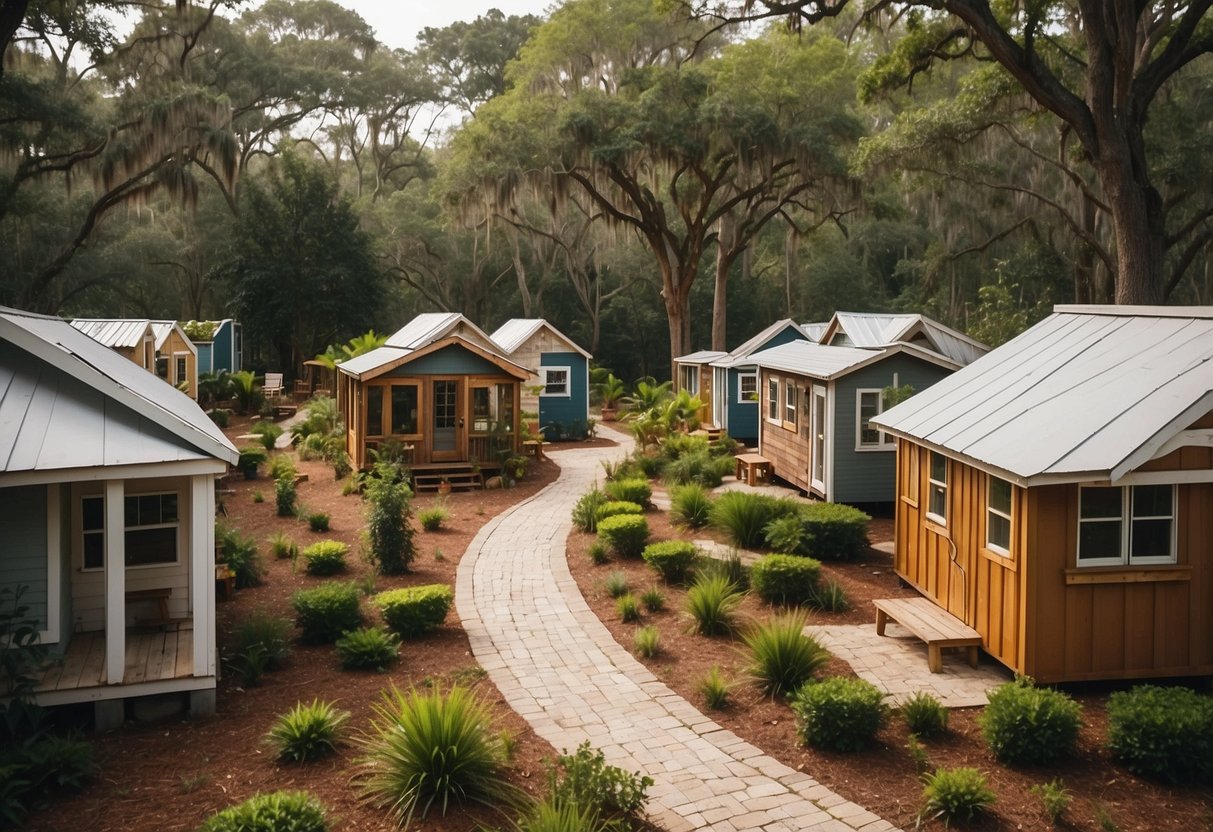 A cluster of tiny homes nestled among lush greenery in a peaceful Savannah, GA community. A central gathering area with picnic tables and a fire pit invites residents to connect and socialize