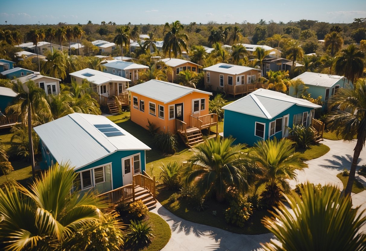 A cluster of colorful tiny homes nestled among palm trees and lush greenery in a sunny southwest Florida community