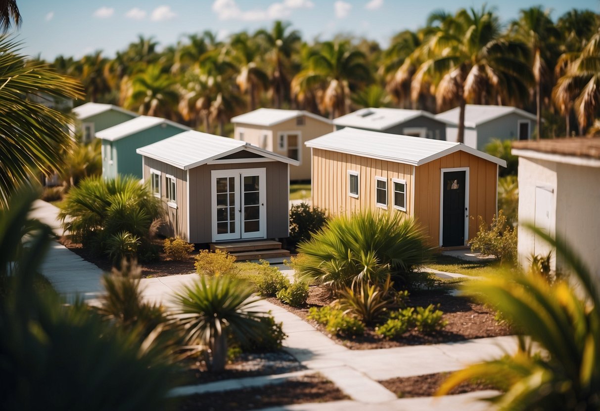 A cluster of tiny homes nestled among palm trees in a sunny southwest Florida community