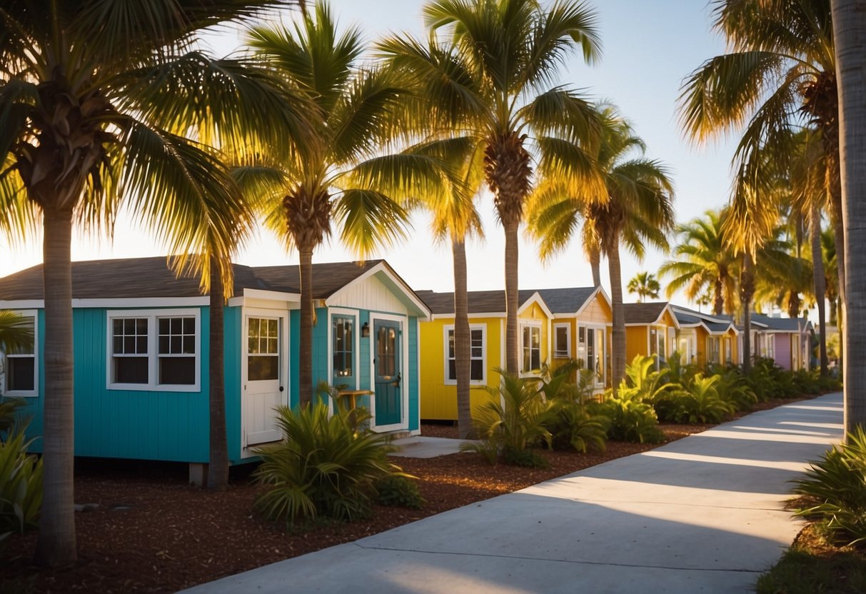 Lush palm trees surround colorful tiny homes in a vibrant community in Southwest Florida. Sunshine illuminates the quaint streets and communal gathering spaces