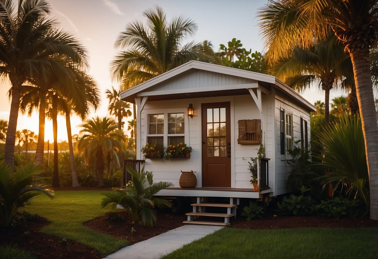 A cozy tiny home nestled among palm trees and lush greenery in a vibrant community in southwest Florida. The sun is setting, casting a warm glow over the neighborhood