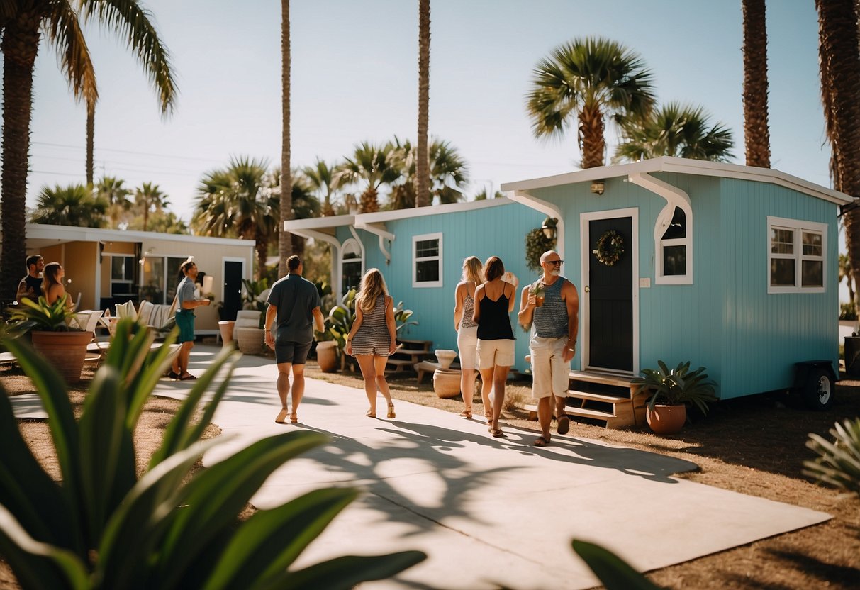 People exploring tiny homes in a sunny Florida community near palm trees and a sparkling pool