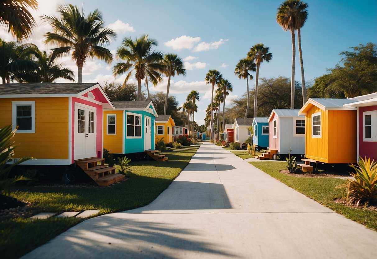 A cluster of colorful tiny homes nestled among palm trees in a sunny southwest Florida community, with residents chatting and walking their pets