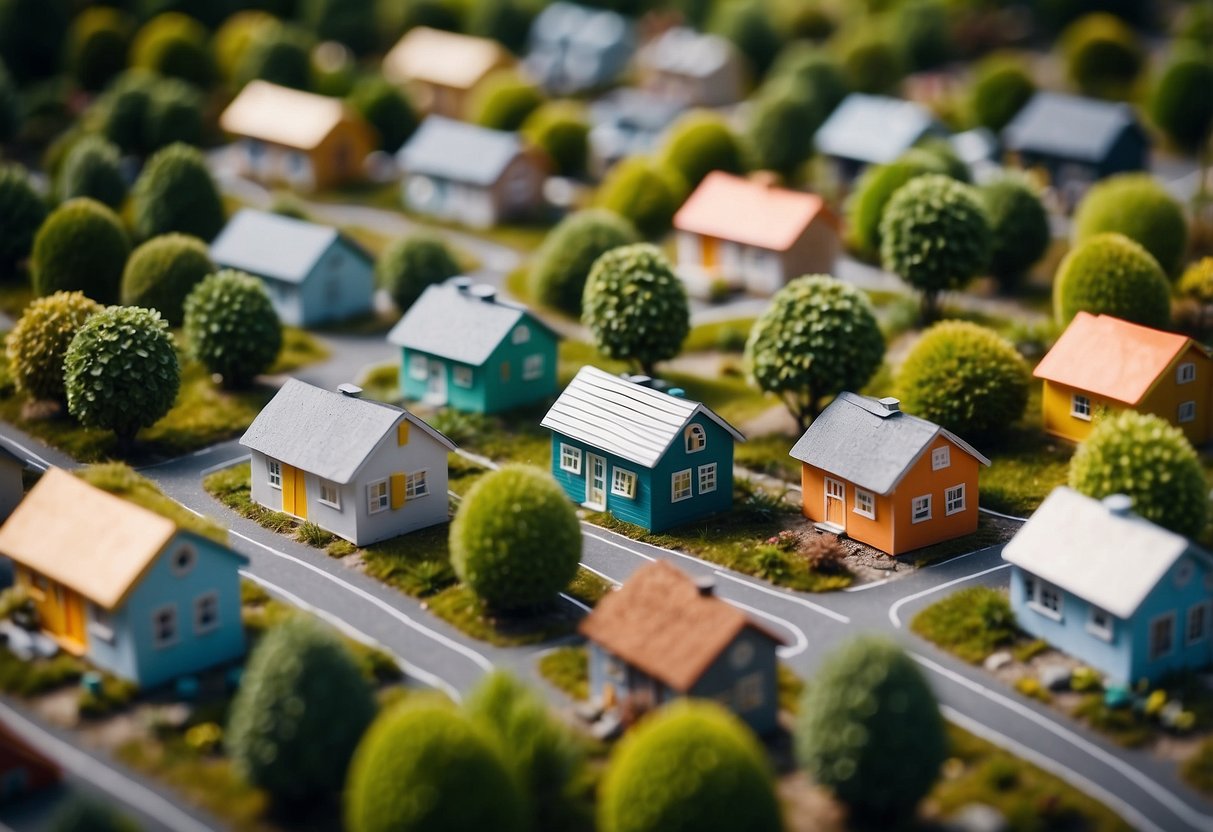 A cluster of colorful tiny homes nestled among lush green trees on a map of Oregon