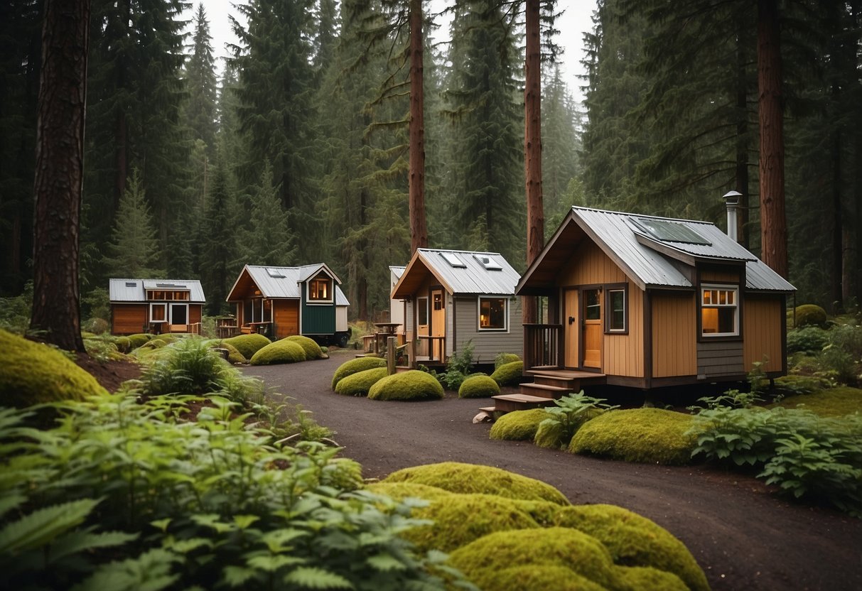 A cluster of tiny homes nestled in a lush Oregon forest, with winding paths and communal spaces