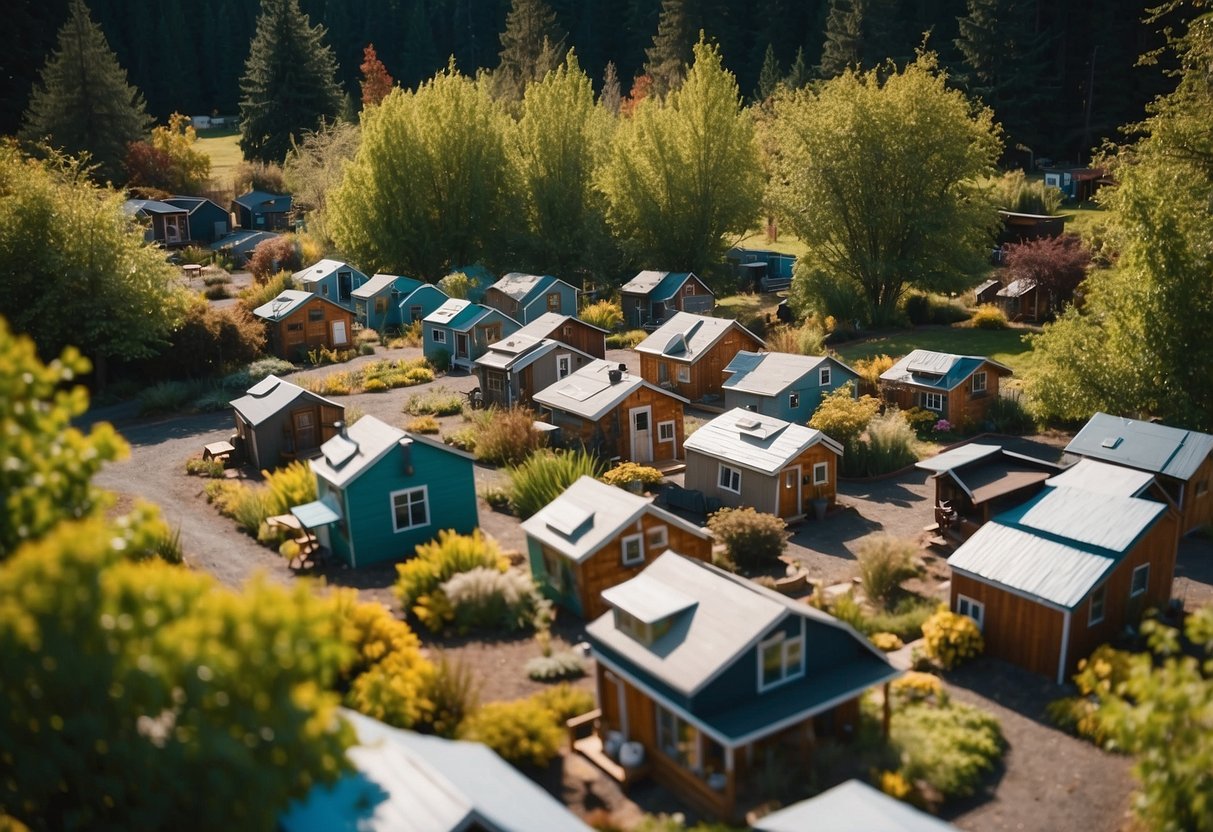 Aerial view of tiny homes clustered around communal spaces, gardens, and walking paths in an Oregon tiny home community