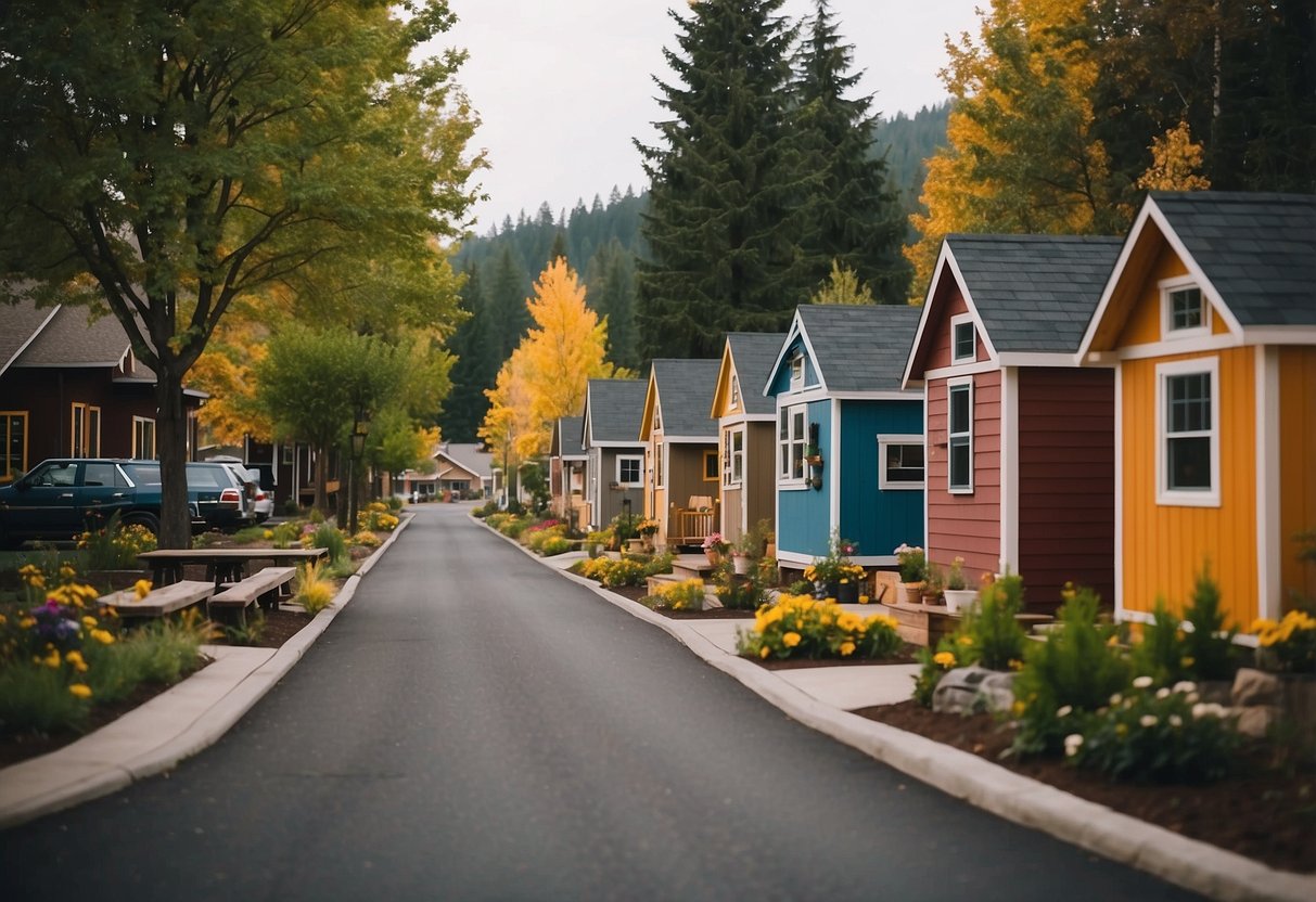 A bustling tiny home community in Oregon, with colorful houses lining the streets and communal areas for residents to gather and socialize