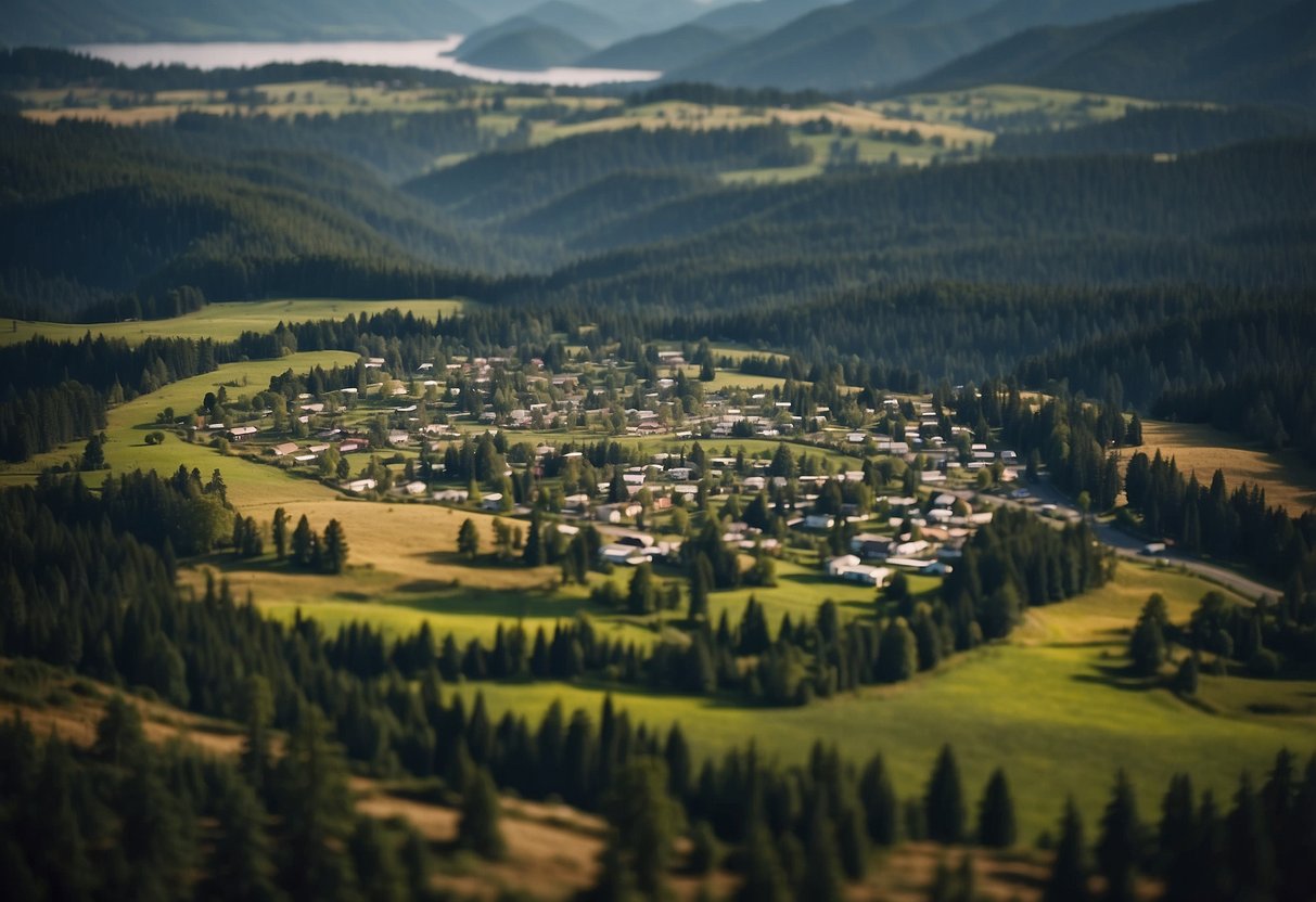 A map of Oregon with multiple tiny home communities highlighted, surrounded by lush green forests and snow-capped mountains in the distance