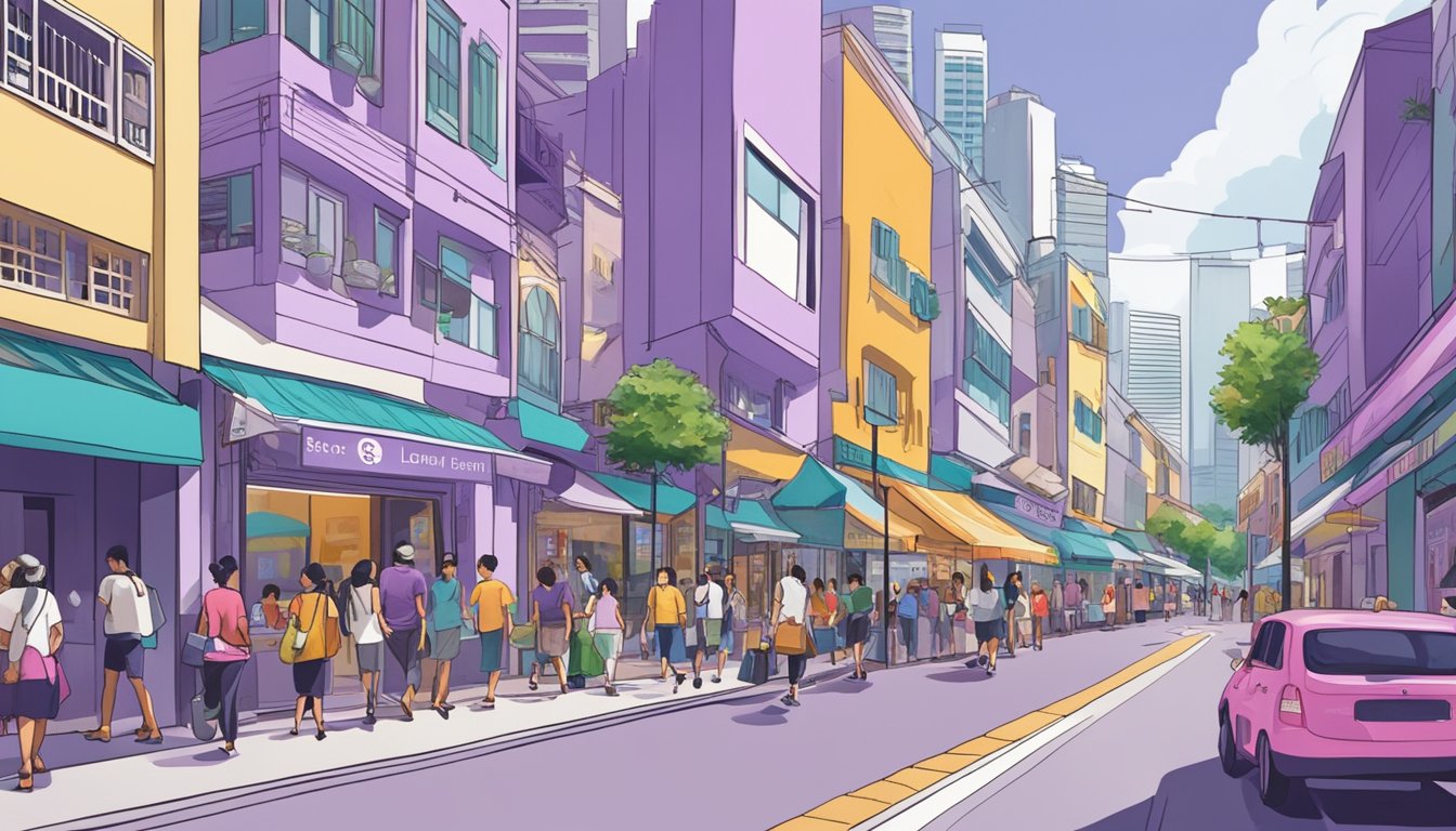A bustling street in Lavender, Singapore, with a prominent sign reading "Best Licensed Money Lender." Colorful storefronts and busy foot traffic add to the lively atmosphere