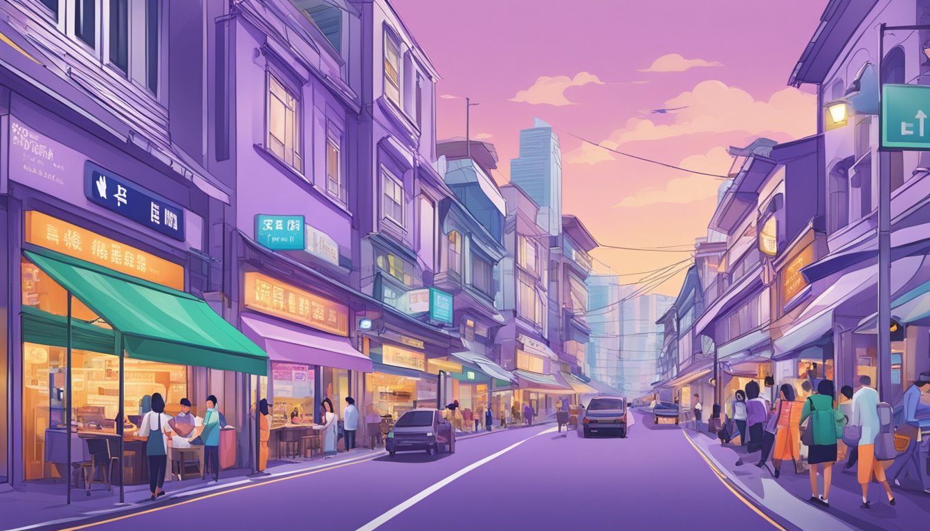 A bustling street in Lavender, Singapore, with a prominent sign for the Best Licensed Money Lender. Bright colors and a sense of financial security