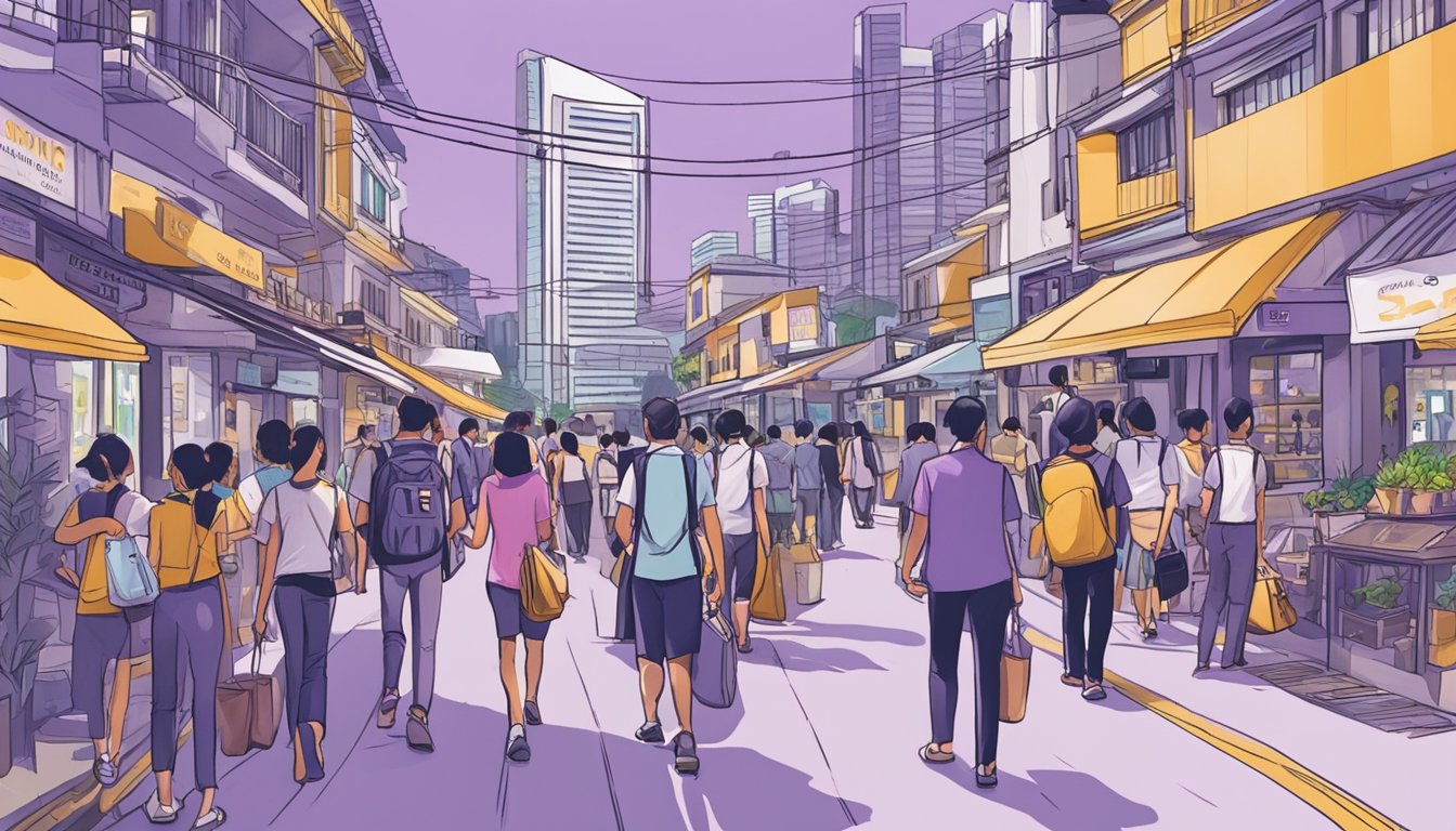 A bustling street in Lavender, Singapore, with a prominent sign for a licensed money lender. People walking by, considering their options