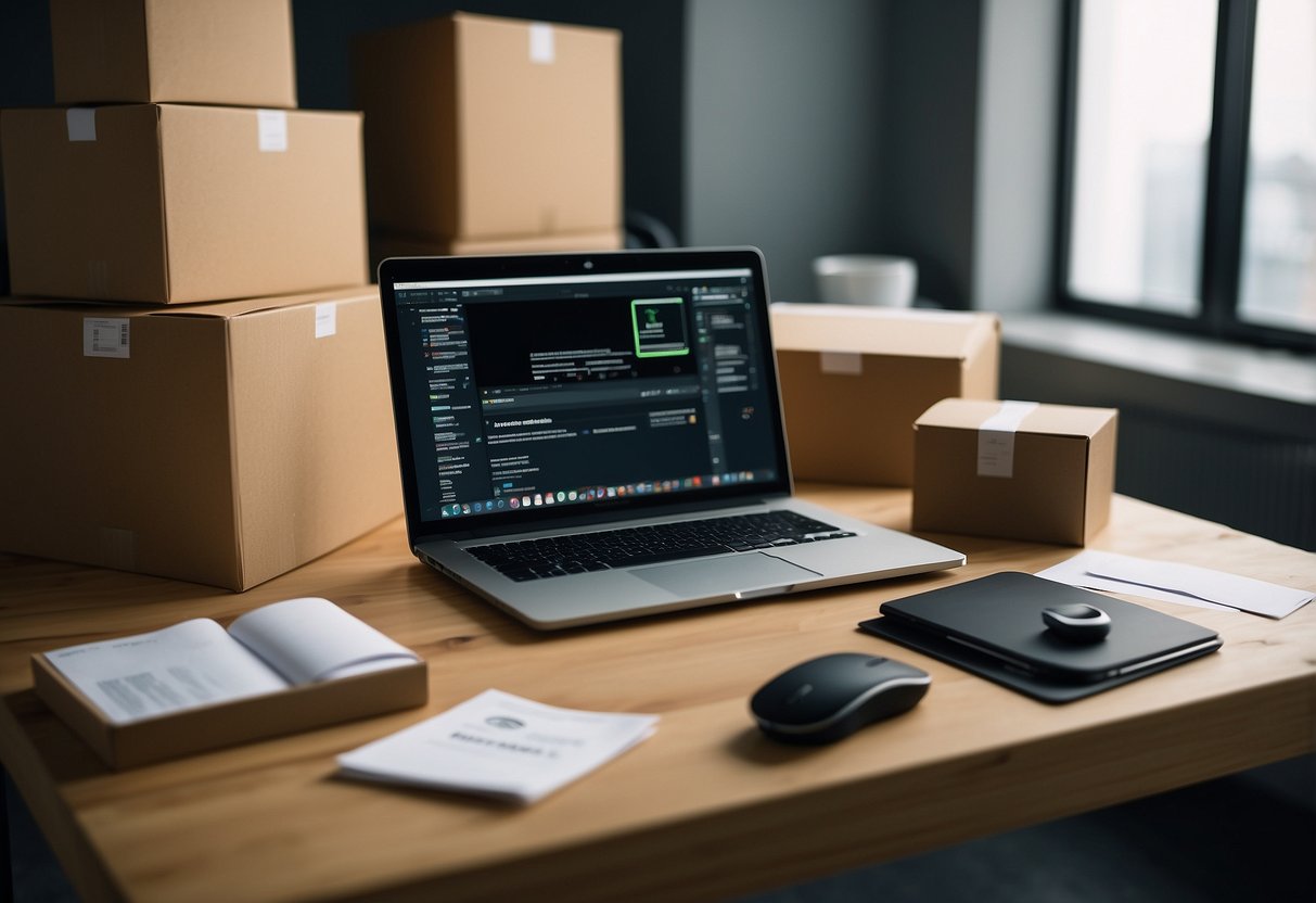 A table with a laptop, Yeezy sneakers, and packaging materials. A person is printing shipping labels and packing shoes into boxes