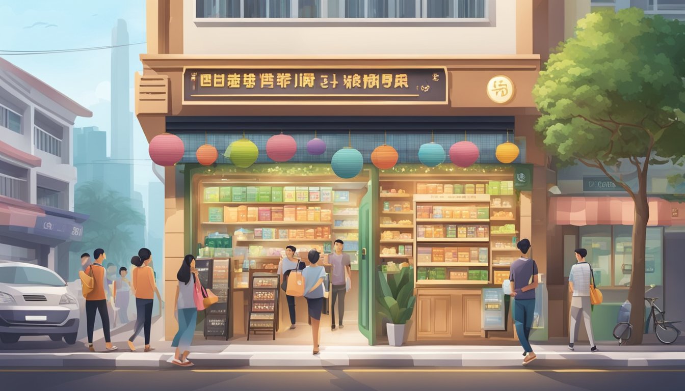 An inviting storefront with a prominent sign displaying "Best Licensed Money Lender In Bukit Panjang Singapore" surrounded by a bustling neighborhood with diverse shops and pedestrians