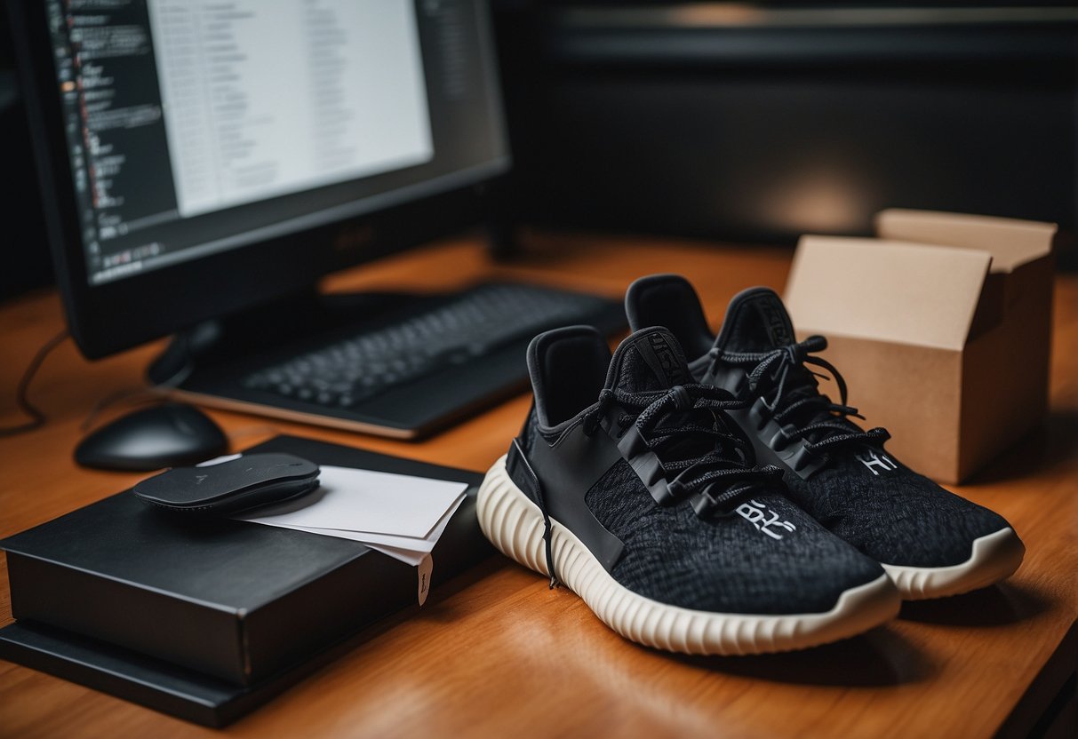 A table with a pair of Yeezys placed neatly next to a computer, a price tag, and a shipping box. A hand-written note with "Best Practices for Reselling Yeezys" is visible