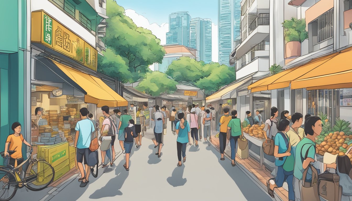 A bustling street in Cashew, Singapore, with a prominent sign reading "Best Licensed Money Lender Near Cashew" and people entering and exiting the establishment