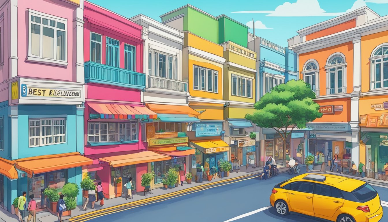 A bustling street in Hillview, Singapore, with a prominent sign reading "Best Licensed Money Lender." Brightly colored buildings line the road, and people can be seen going in and out of the establishment