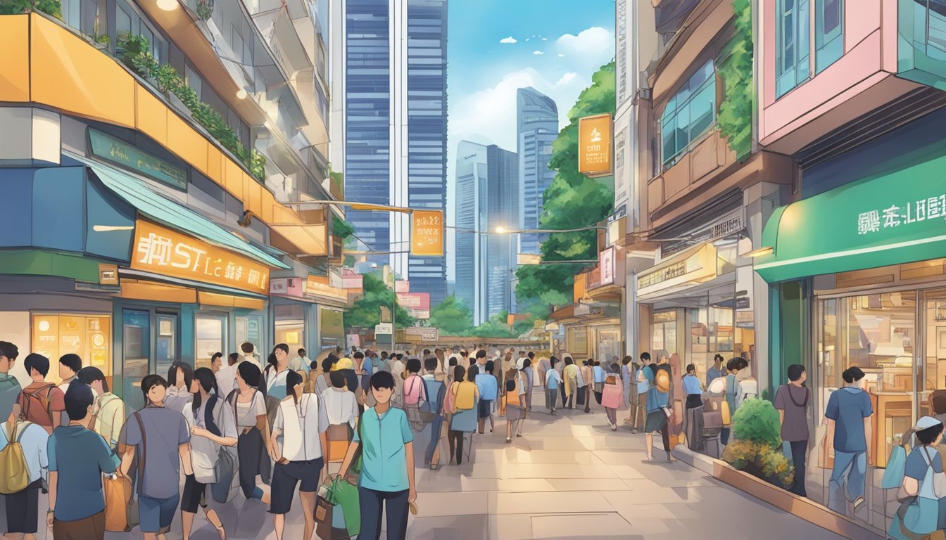 A bustling street near Beauty World, Singapore, with a prominent sign for the "Best Licensed Money Lender" and a steady flow of people entering and exiting the establishment