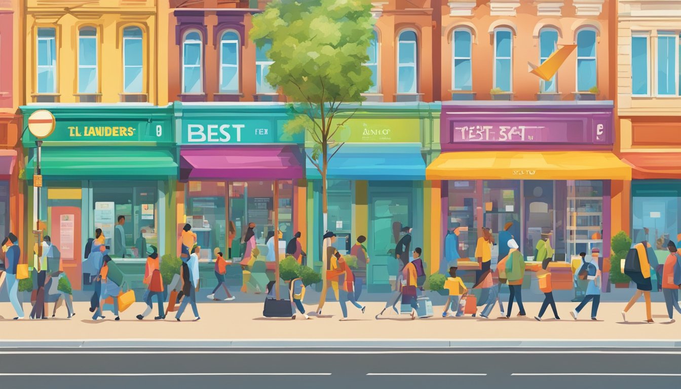 A bustling street in King Albert Park, with a prominent sign for the best licensed money lender. Bright colors and busy atmosphere