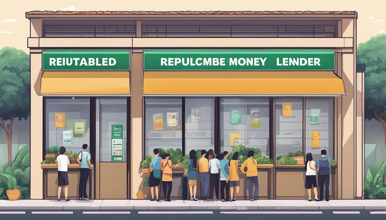 A storefront sign reading "Reputable Licensed Money Lender" in Bukit Panjang, Singapore, with a line of customers waiting outside