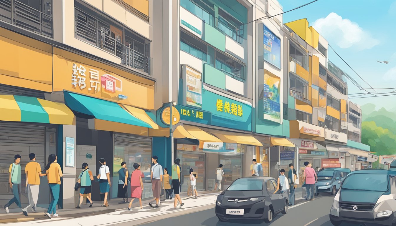 A bustling street in Bukit Panjang, with prominent signage of licensed money lenders. People entering and exiting the establishments, with a mix of apprehension and determination on their faces