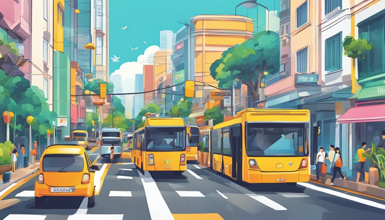 A bustling street in Hillview, Singapore with a prominent sign for the best licensed money lender. Bright colors and a sense of trust and reliability in the atmosphere