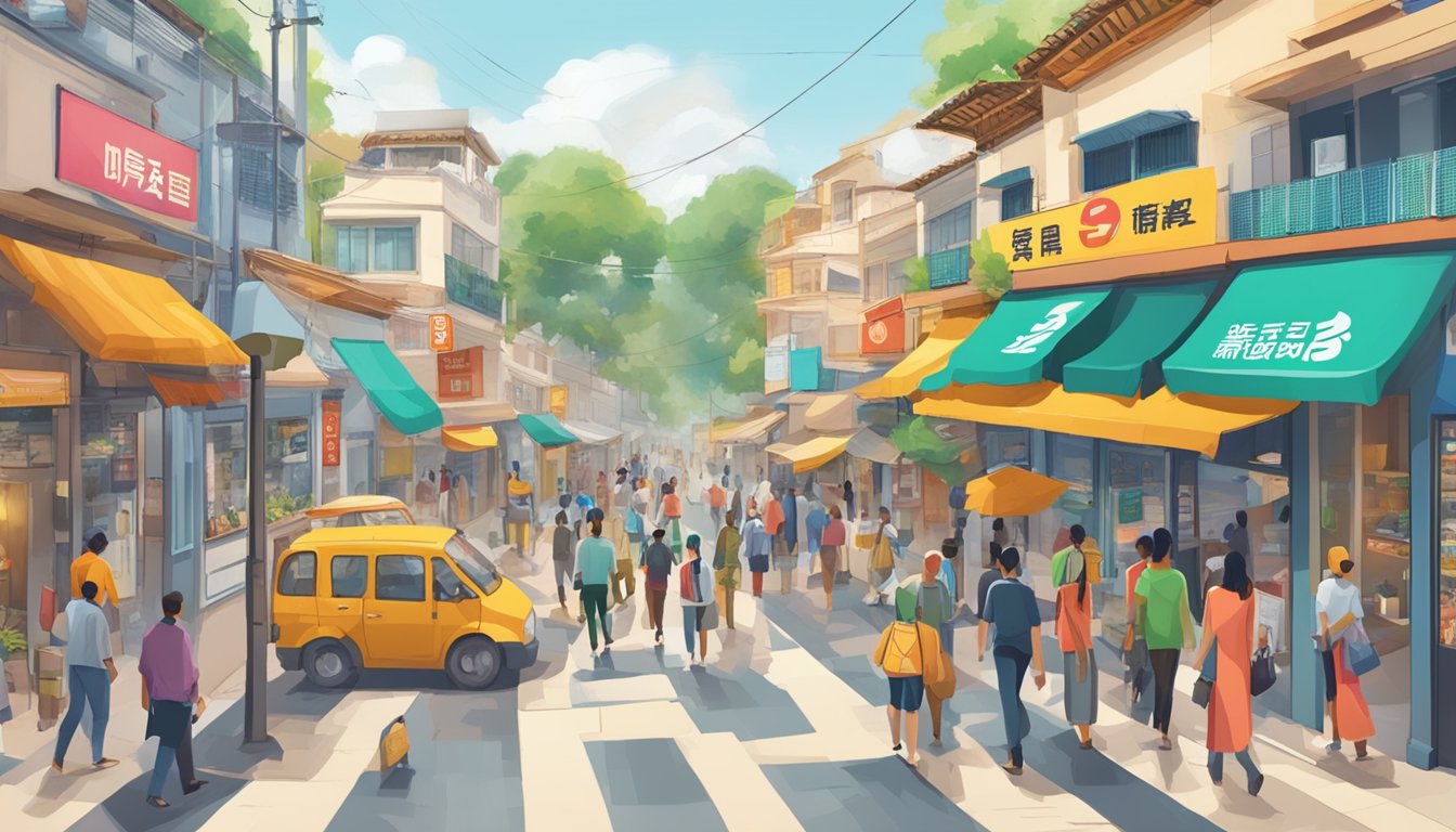 A bustling street near Cashew with a prominent licensed money lender sign, surrounded by shops and pedestrians