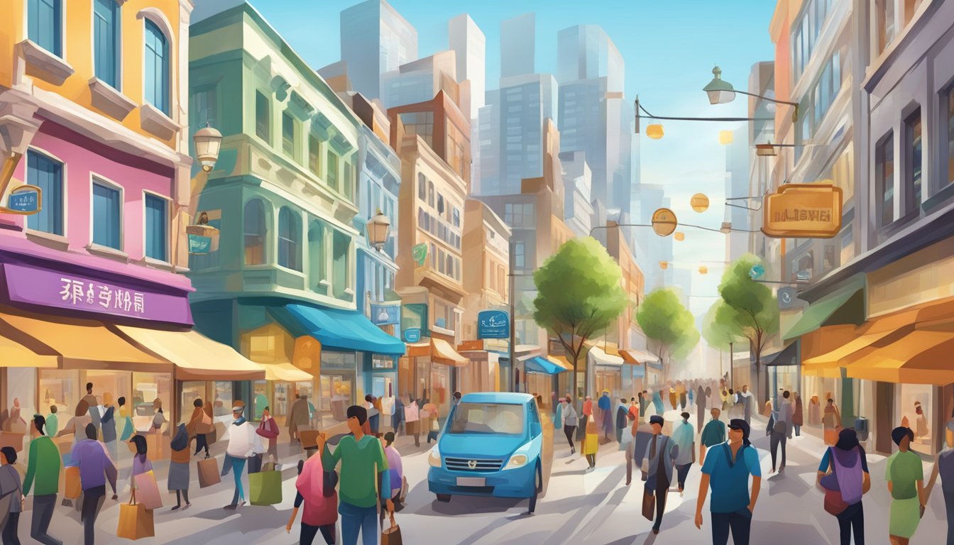 A bustling street near Beauty World with a prominent sign for a licensed money lender, surrounded by diverse shops and busy foot traffic