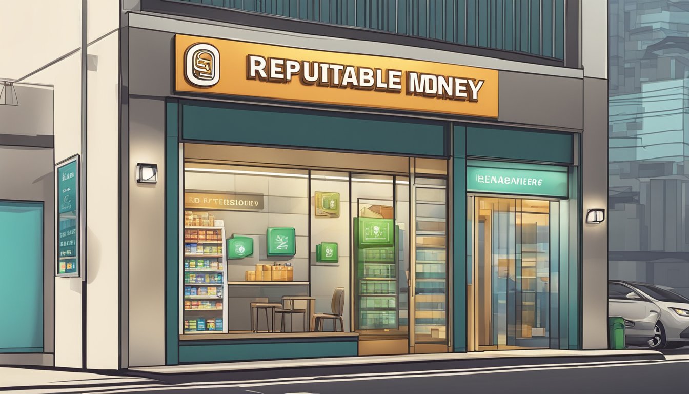 A storefront sign reads "Reputable Licensed Money Lender" in Hillview, Singapore. The building is modern with clean lines and a professional atmosphere