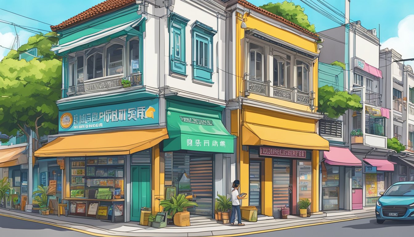 A signboard with "Reputable Licensed Money Lender" in bold letters, nestled among vibrant storefronts in the bustling Cashew neighborhood of Singapore