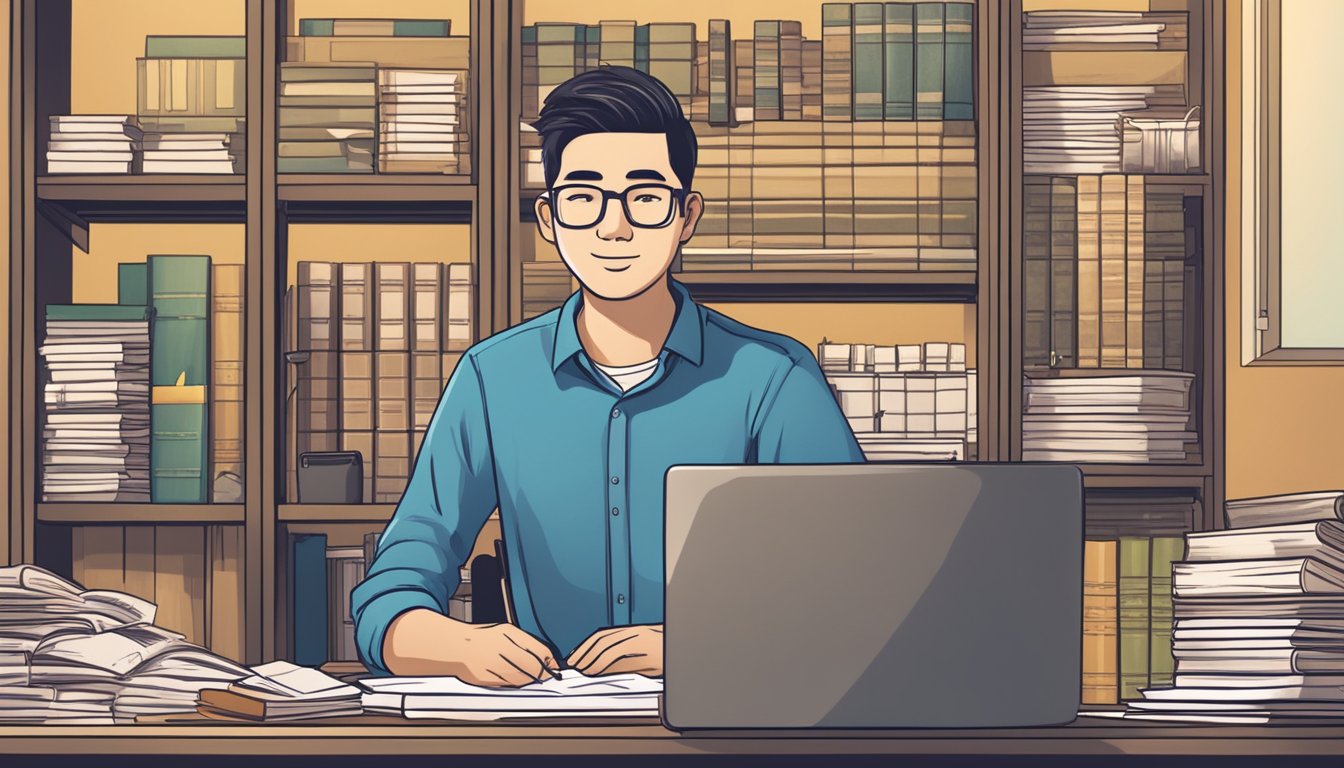 A person sits at a desk, surrounded by paperwork and a laptop. The room is well-lit and organized, with shelves of books in the background. A sign on the wall reads "Best Licensed Money Lender in Hillview Singapore."