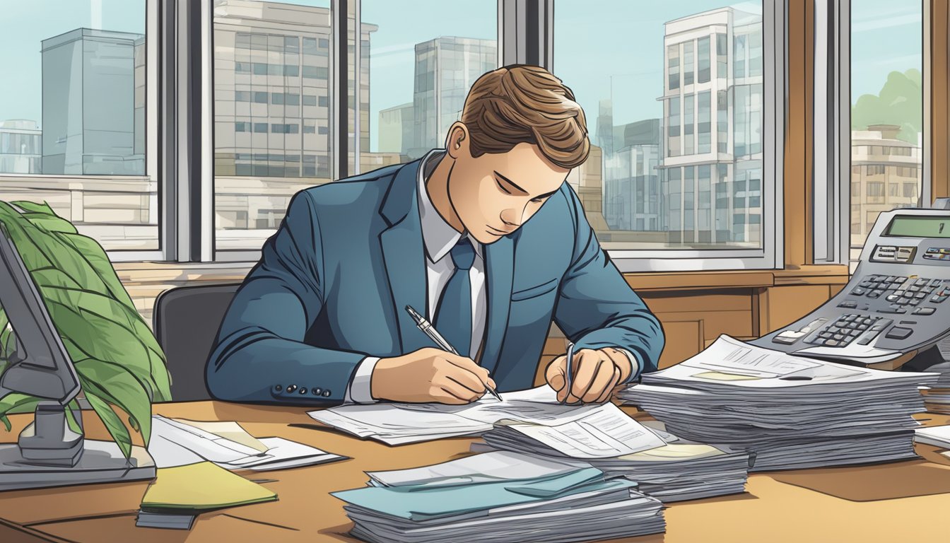A person carefully reviews documents at a desk, surrounded by a calculator, pen, and loan agreement. The licensed money lender's sign is visible through the window